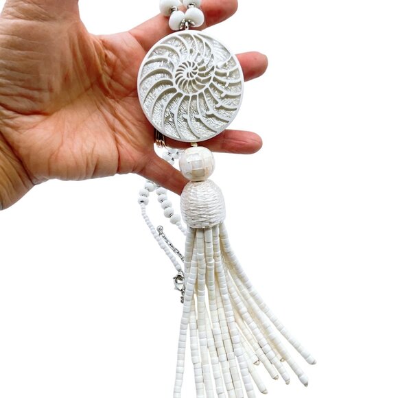 Chico's Shell Pendant Necklace With Beaded Tassel & Adjustable Chain - Picture 5 of 6